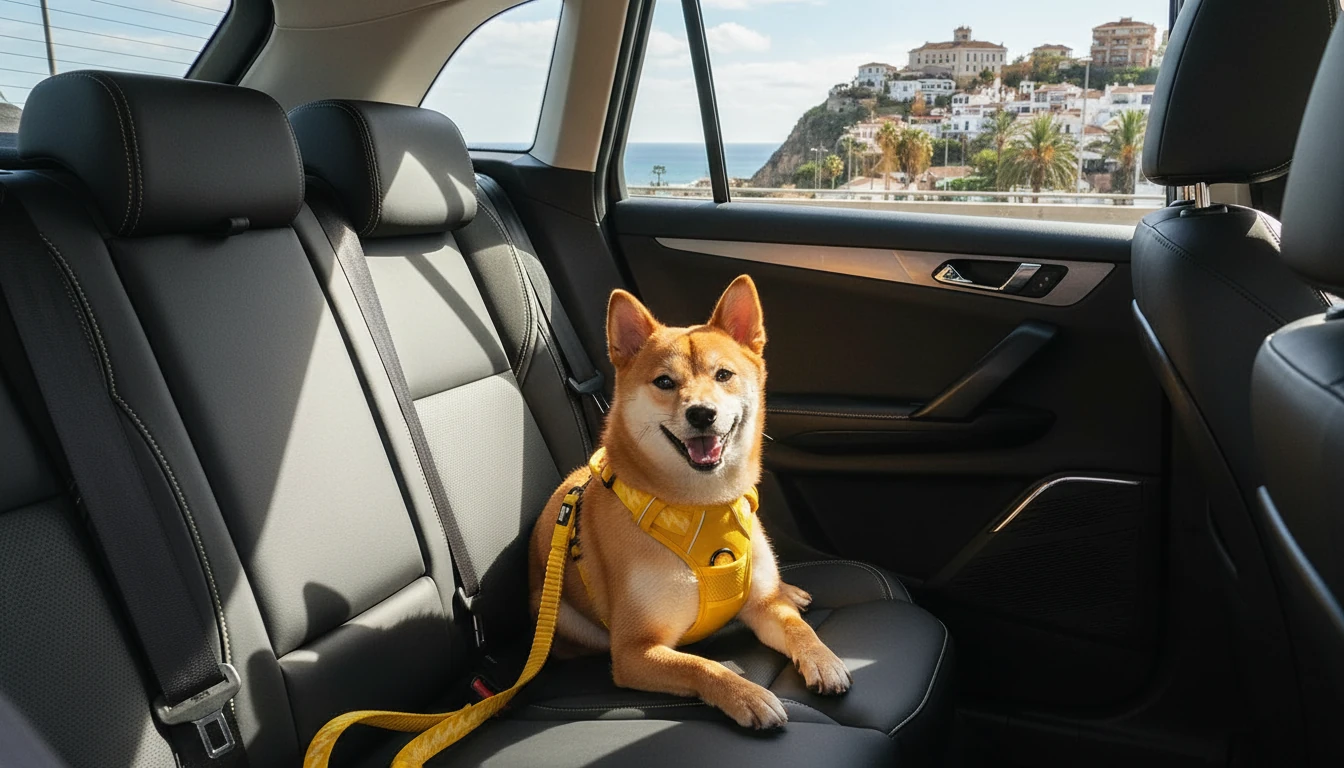 Pasajero colocando a su perro en un transportín junto a un taxi en Málaga