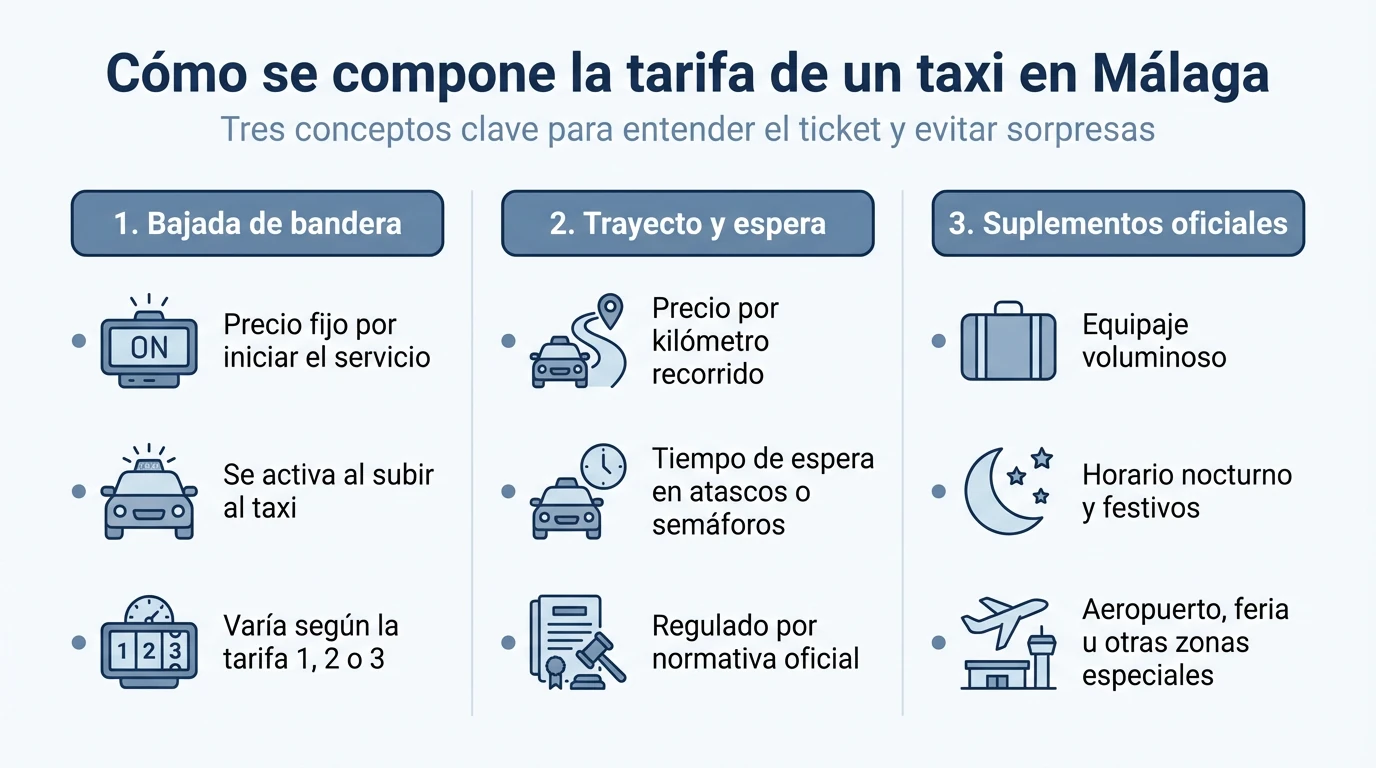 Infografía que explica los tres componentes principales de la tarifa de un taxi en Málaga.