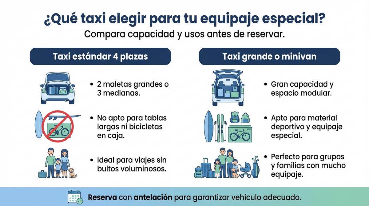 Diagrama comparativo entre un taxi estándar y una minivan para transportar equipaje especial