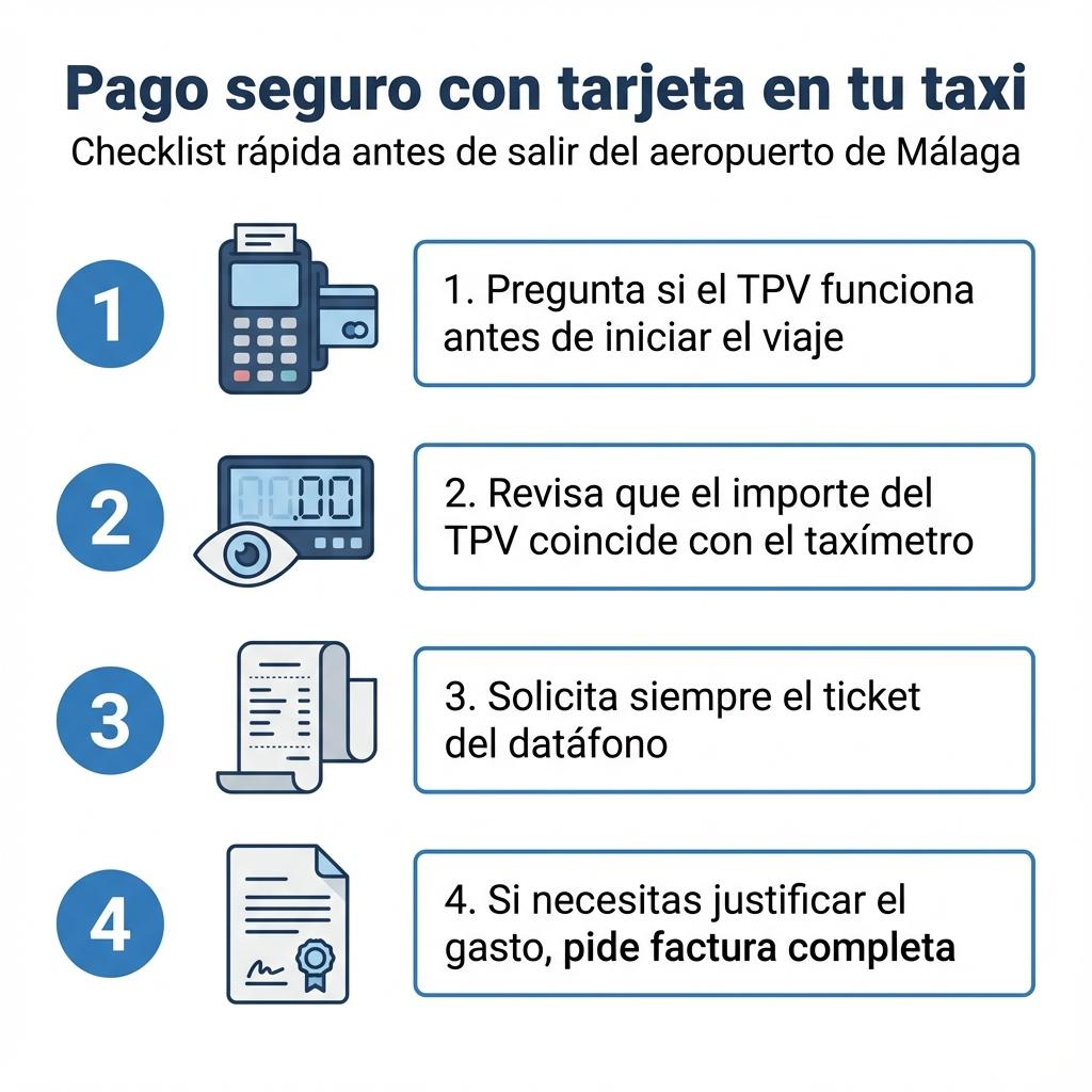 Diagrama con los pasos para pagar con tarjeta de forma segura un taxi en el aeropuerto de Málaga