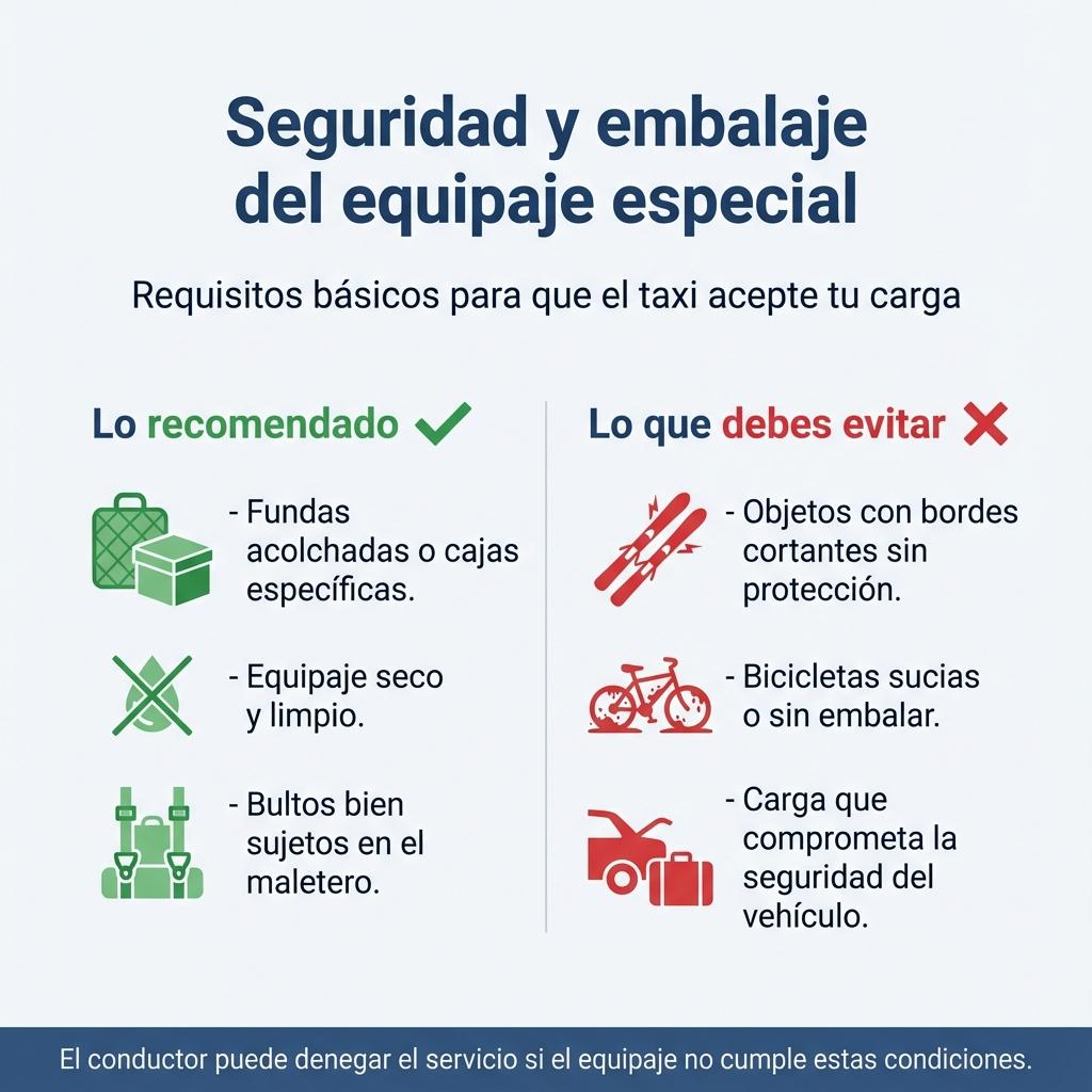 Diagrama con recomendaciones de seguridad y embalaje para transportar equipaje especial en taxi