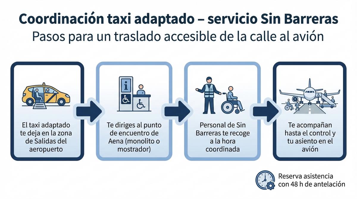 Diagrama del proceso de coordinación entre taxi adaptado y servicio Sin Barreras en el aeropuerto de Málaga.