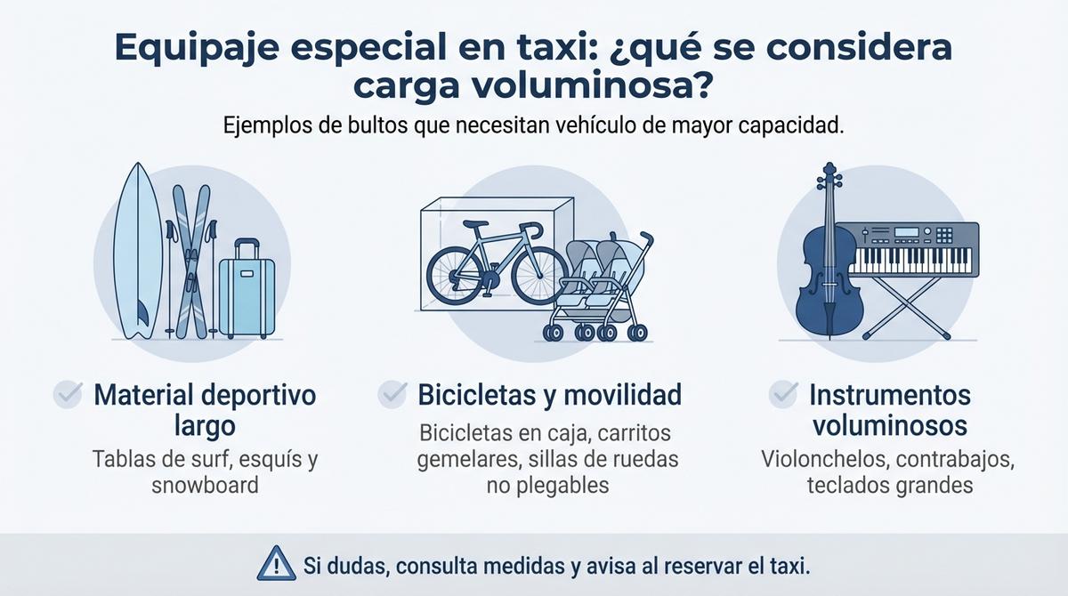 Infografía con ejemplos de equipaje especial en taxis como material deportivo, bicicletas y grandes instrumentos musicales