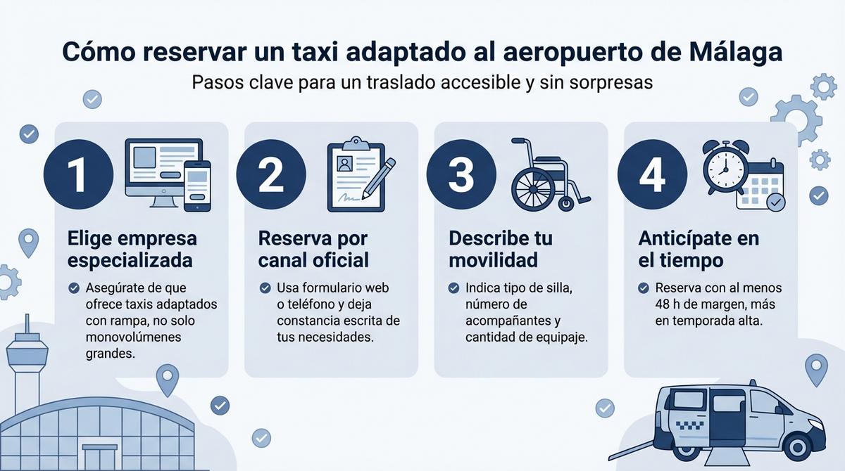 Infografía con los pasos clave para reservar un taxi adaptado al aeropuerto de Málaga.
