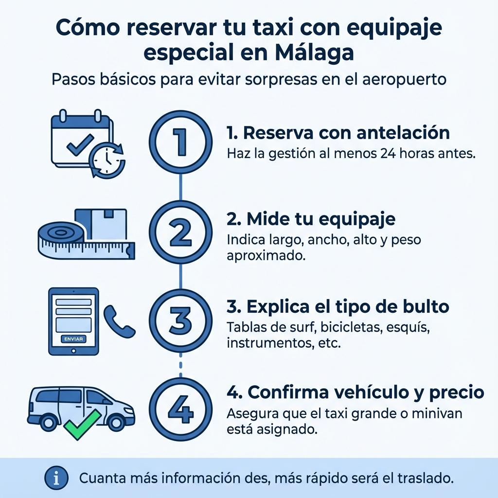 Infografía con los pasos para reservar en Málaga un taxi con equipaje especial