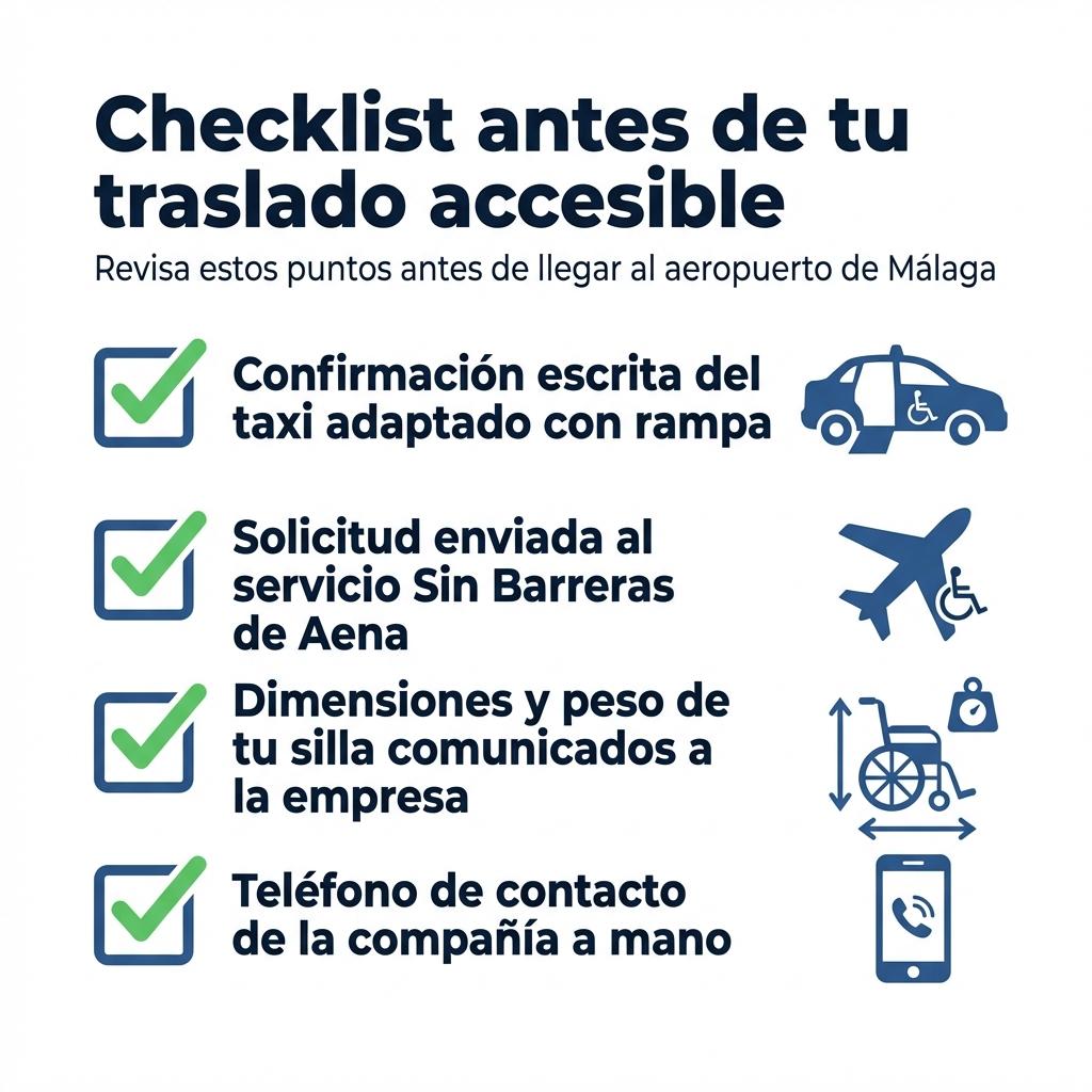 Infografía con una lista de comprobación para organizar un traslado accesible al aeropuerto de Málaga.