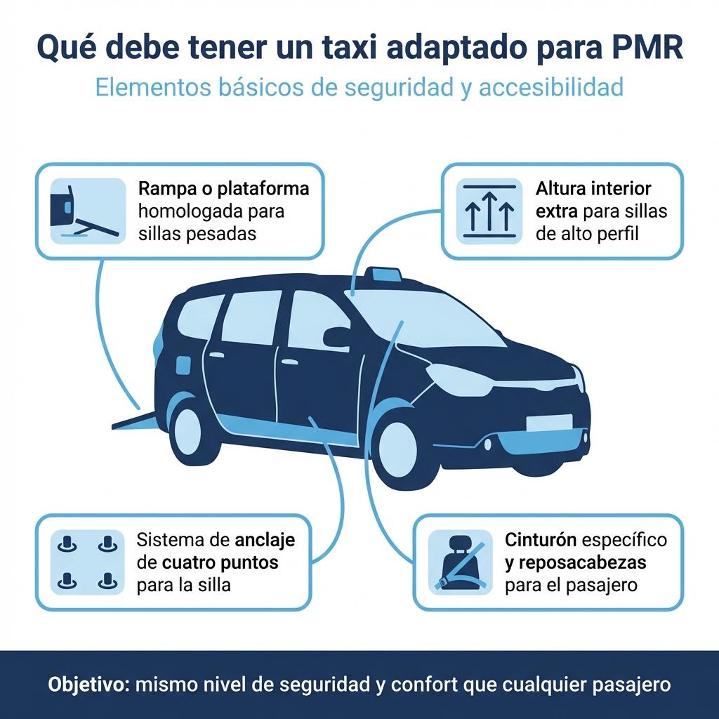 Infografía sobre los elementos básicos que debe incluir un taxi adaptado para silla de ruedas.