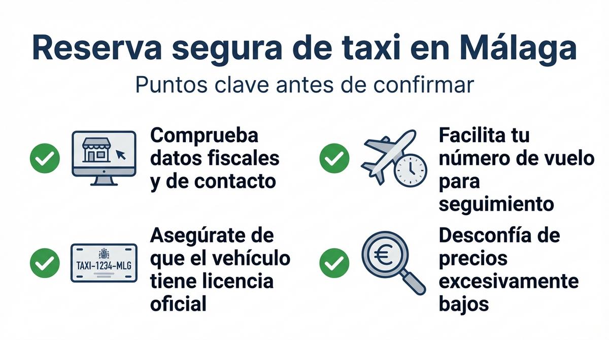 Checklist visual con consejos para reservar un taxi oficial en Málaga de forma segura