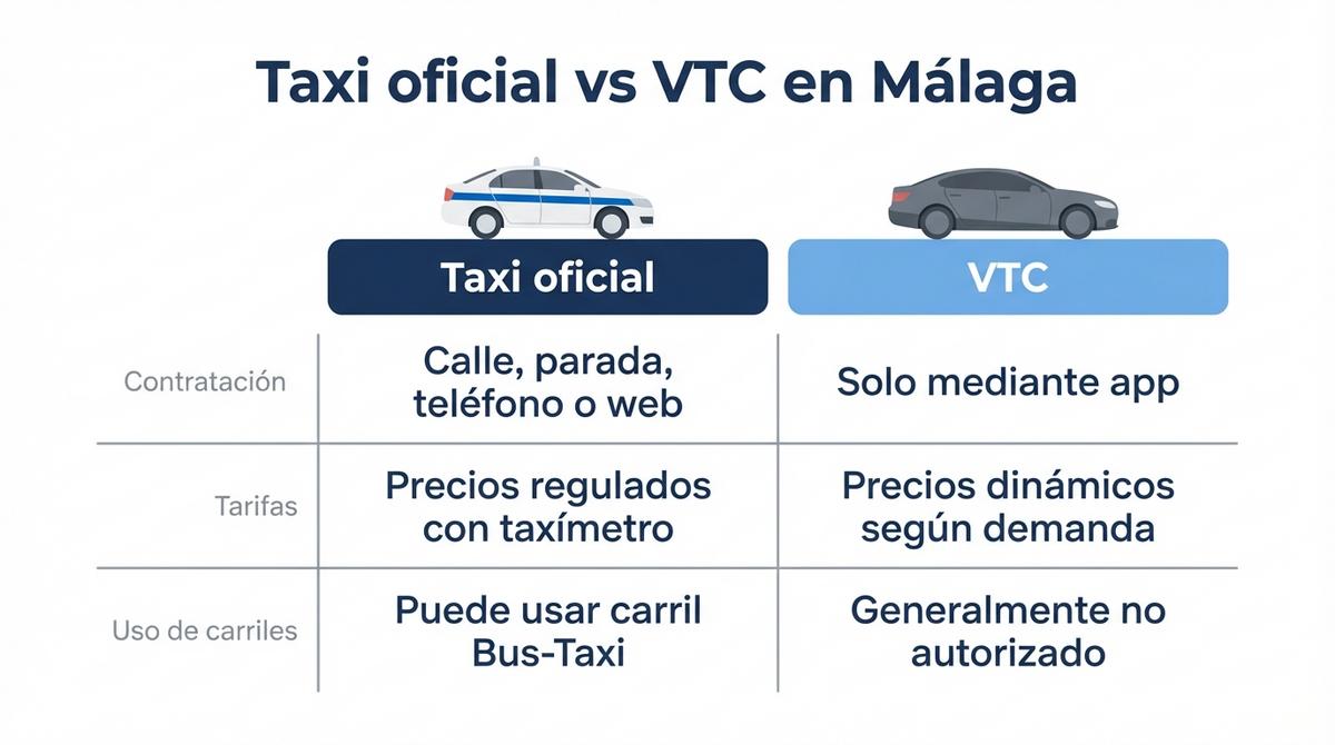 Infografía comparativa entre taxi oficial y VTC en Málaga