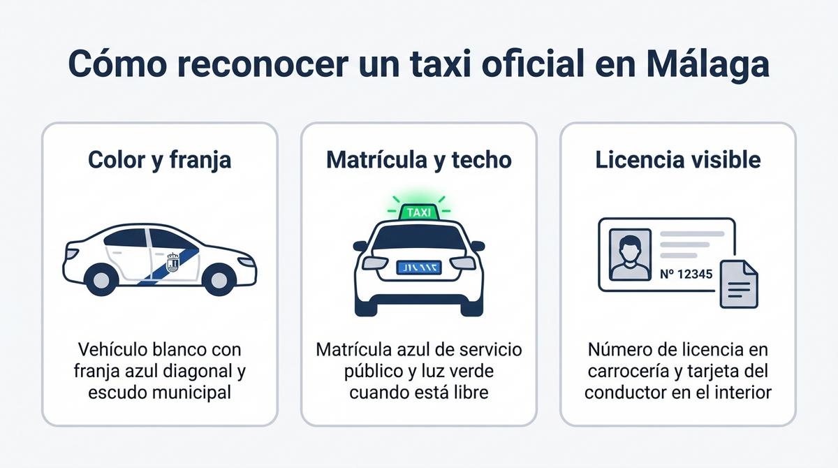 Infografía con claves visuales para reconocer un taxi oficial en Málaga