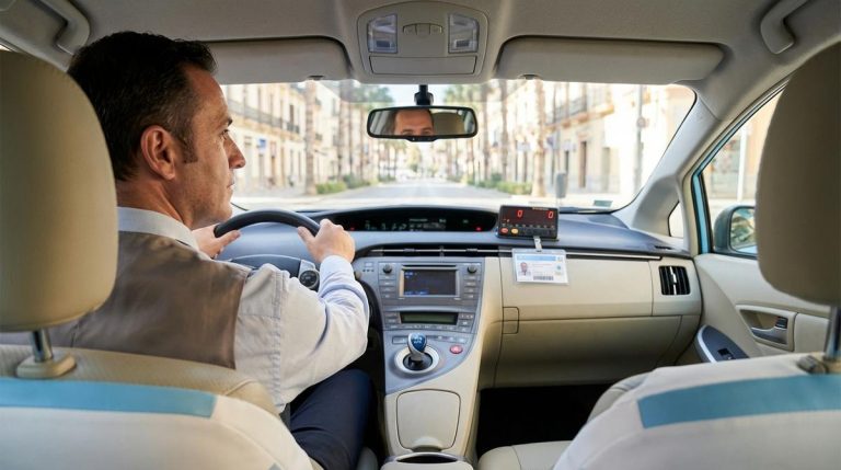 Interior De Un Taxi Oficial En Malaga Con El Conductor Al Volante Y El Taximetro Visible Desde El Asiento Trasero