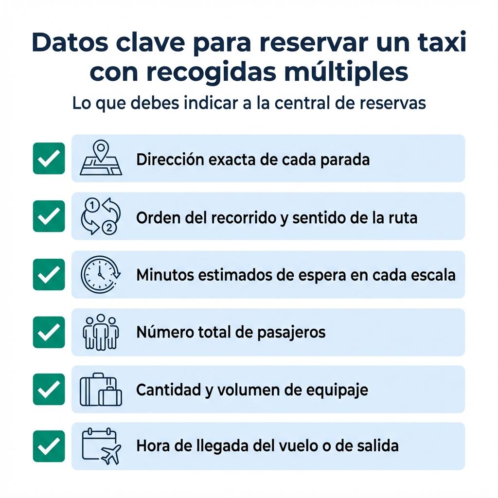 Checklist visual con los datos que se deben dar para reservar un taxi con recogidas múltiples en Málaga.