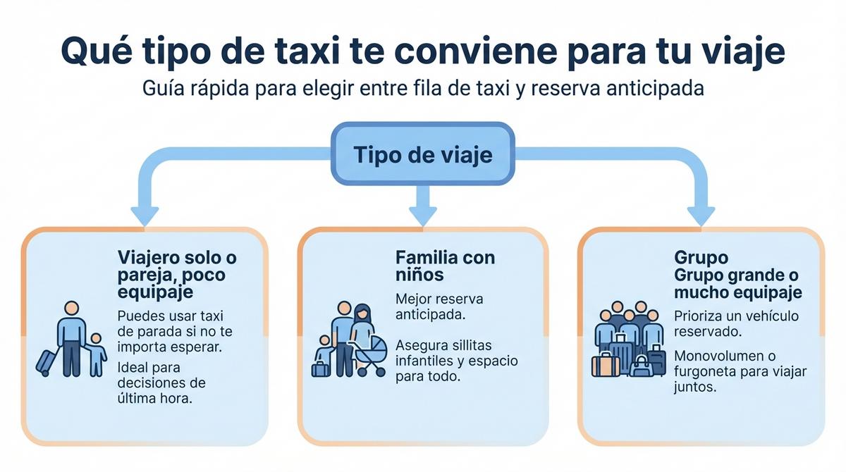 Diagrama de decisión que ayuda a elegir entre taxi de parada o reserva anticipada según tipo de viaje y número de pasajeros.