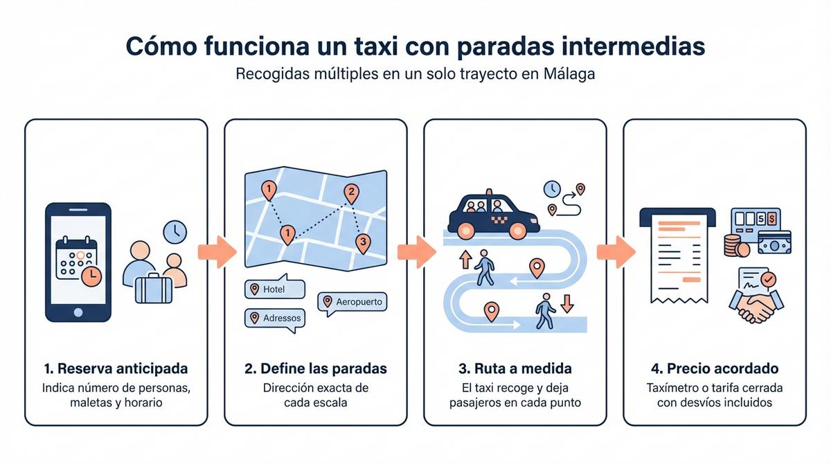 Diagrama de flujo que muestra los pasos básicos para usar un taxi con paradas intermedias y recogidas múltiples en Málaga.