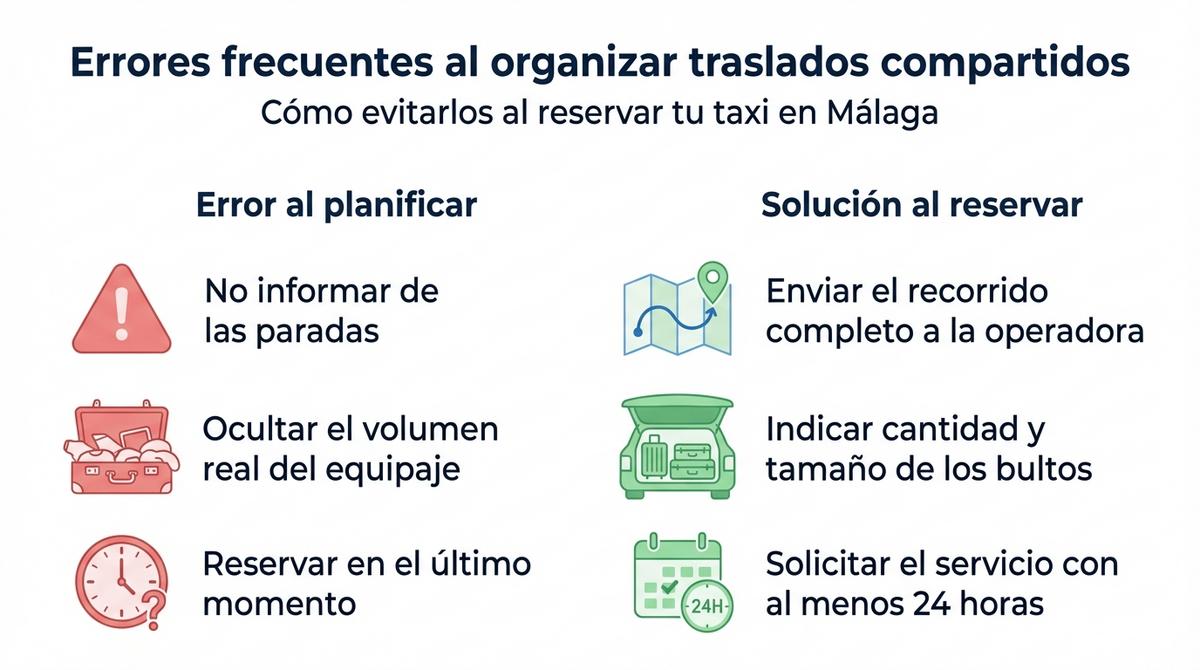 Diagrama que relaciona errores habituales al organizar traslados compartidos con sus soluciones recomendadas al reservar un taxi en Málaga.