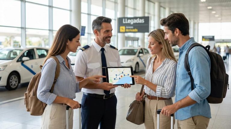 Grupo De Viajeros Hablando Con Un Taxista En La Zona De Llegadas Del Aeropuerto De Malaga Mientras Revisan Una Ruta Con Varias Paradas En Una Tableta