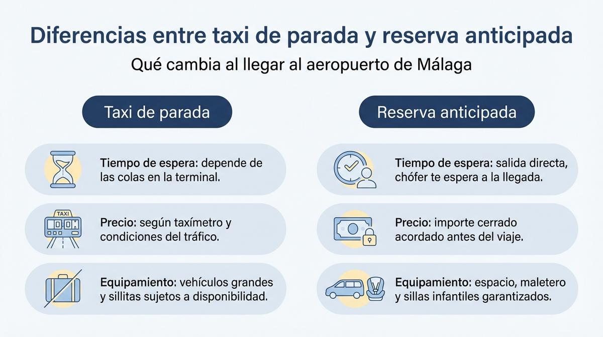 Infografía comparativa entre taxi de parada y taxi de reserva anticipada al llegar al aeropuerto de Málaga.