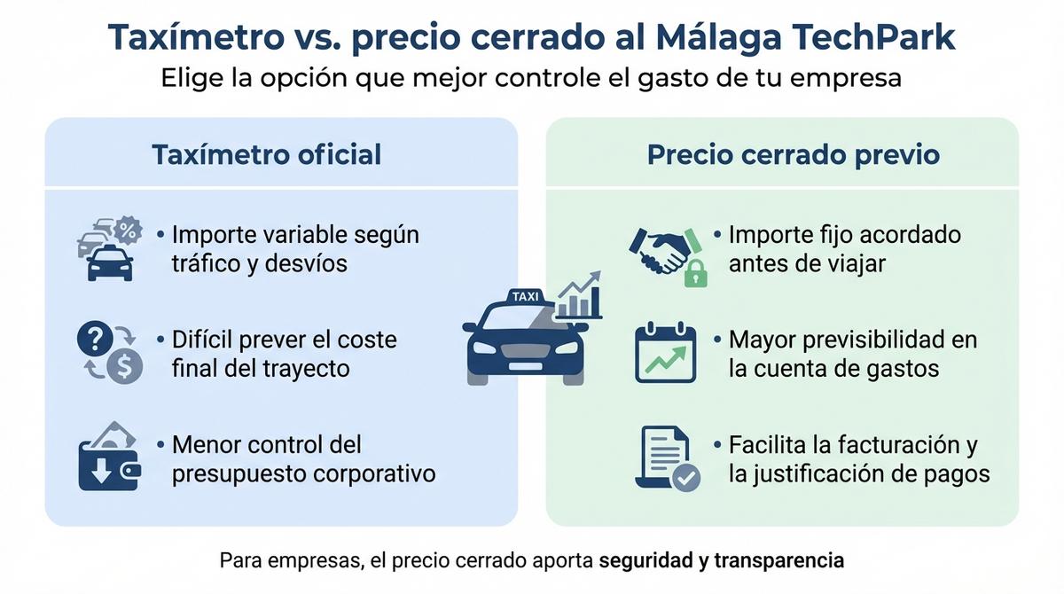 Infografía comparativa entre usar taxímetro y contratar un precio cerrado en un taxi al Málaga TechPark.