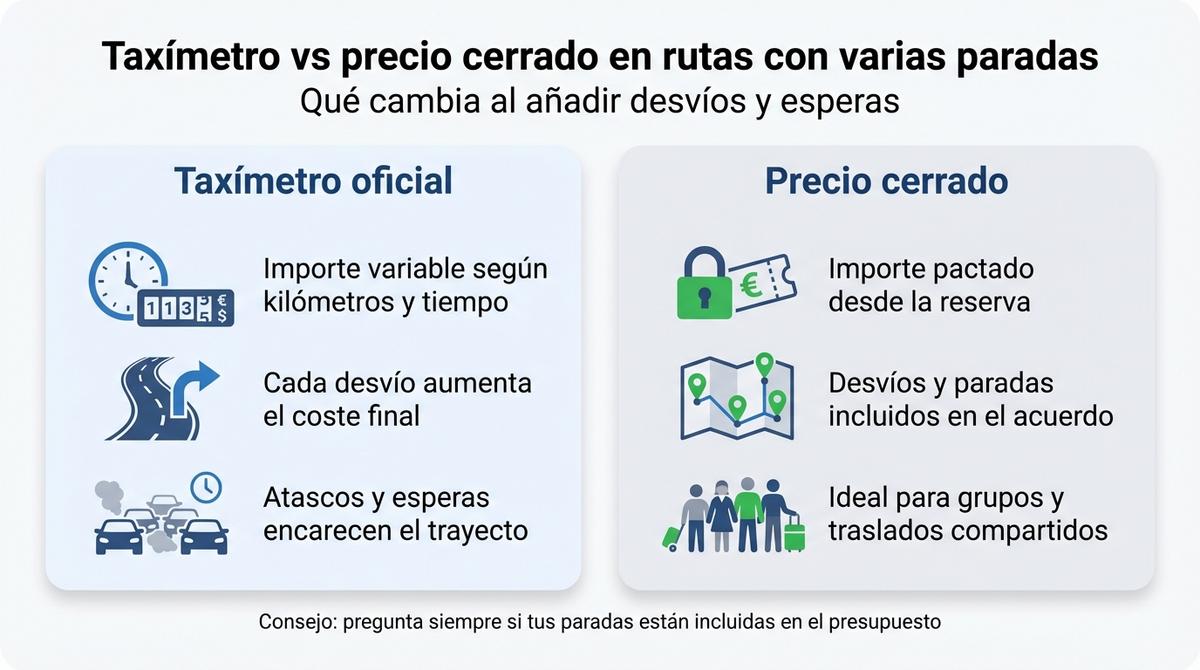 Infografía comparativa entre viajar con taxímetro oficial y contratar precio cerrado para una ruta con varias paradas.