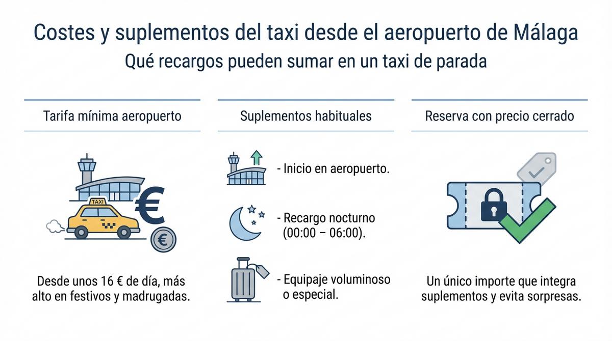 Infografía sobre tarifas mínimas y suplementos habituales del taxi desde el aeropuerto de Málaga frente al precio cerrado por reserva.