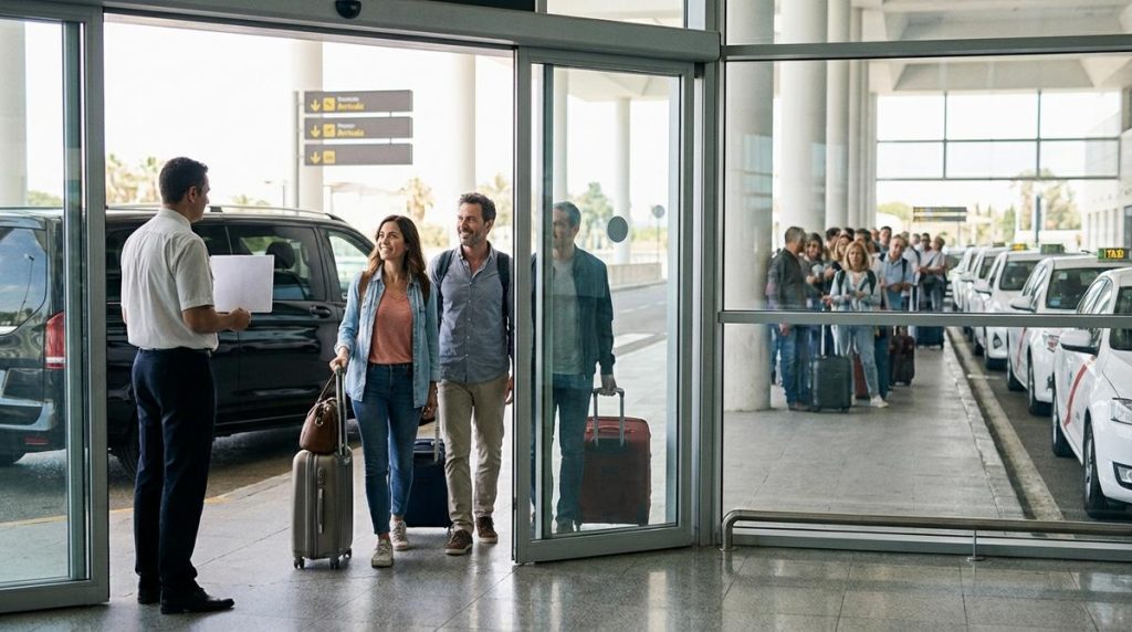 Pareja De Viajeros Saliendo De La Terminal De Llegadas Frente A Una Fila De Taxis Y Un Chofer Con Cartel De Reserva En El Aeropuerto De Malaga