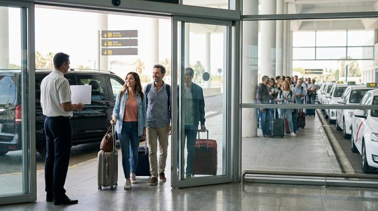 Pareja De Viajeros Saliendo De La Terminal De Llegadas Frente A Una Fila De Taxis Y Un Chofer Con Cartel De Reserva En El Aeropuerto De Malaga