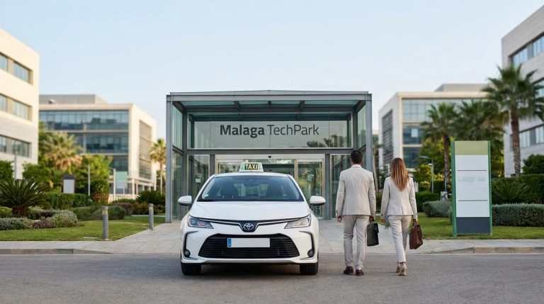 Taxi Oficial Recogiendo A Dos Profesionales Frente A Los Edificios Modernos Del Parque Tecnologico De Malaga