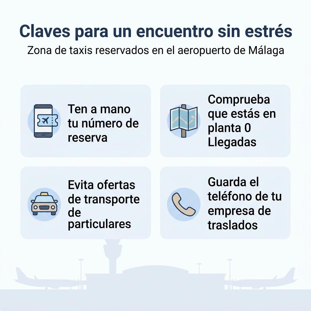 Checklist visual con consejos para utilizar el área de encuentro para taxis reservados en el aeropuerto de Málaga