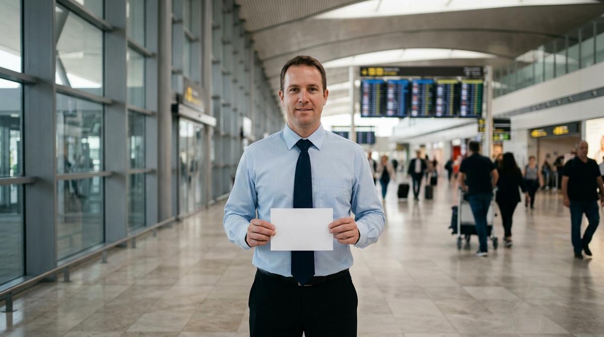 Conductor de taxi profesional esperando en la zona de llegadas de un aeropuerto con un cartel nominativo