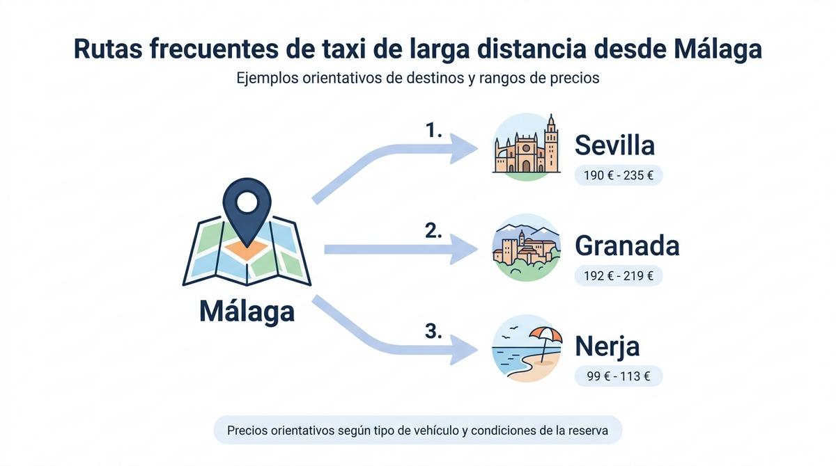 Diagrama de rutas de taxi de larga distancia desde Málaga hacia Sevilla, Granada y Nerja con rangos de precios