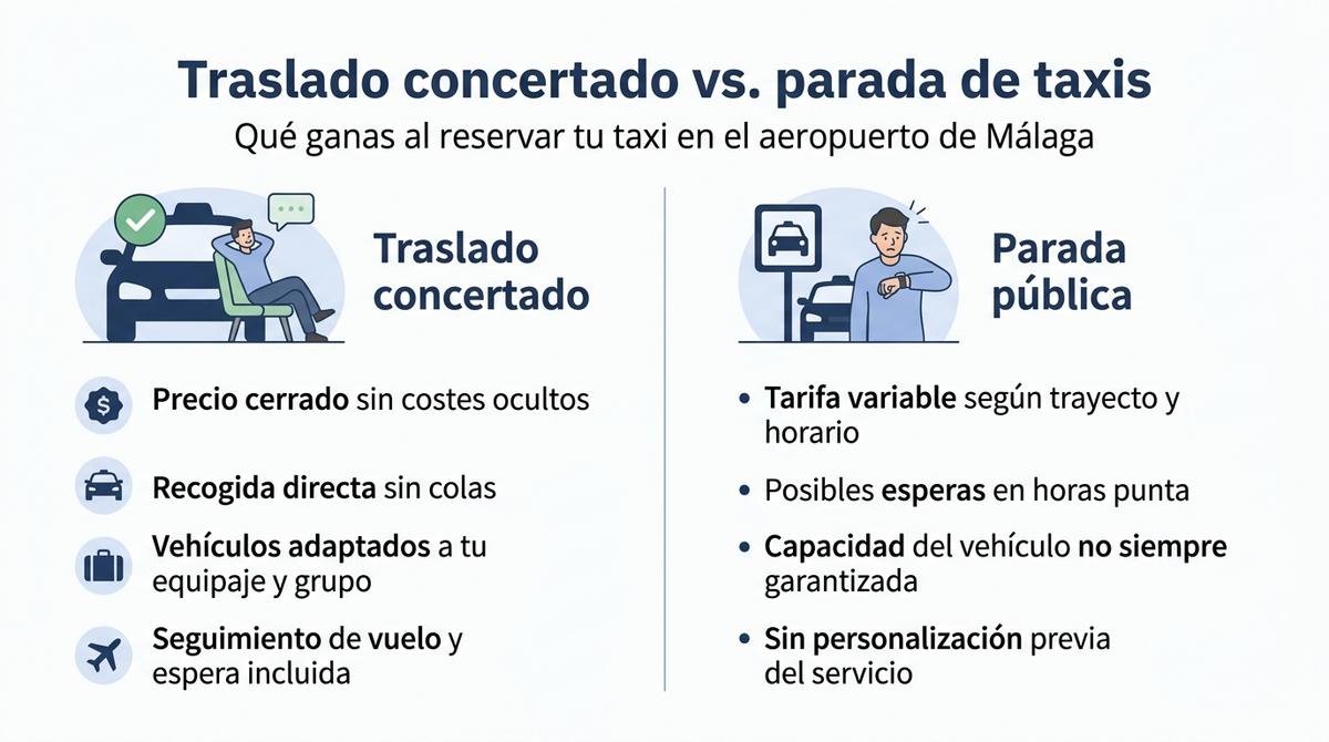 Infografía que compara las ventajas del traslado concertado frente a la parada pública de taxis en el aeropuerto