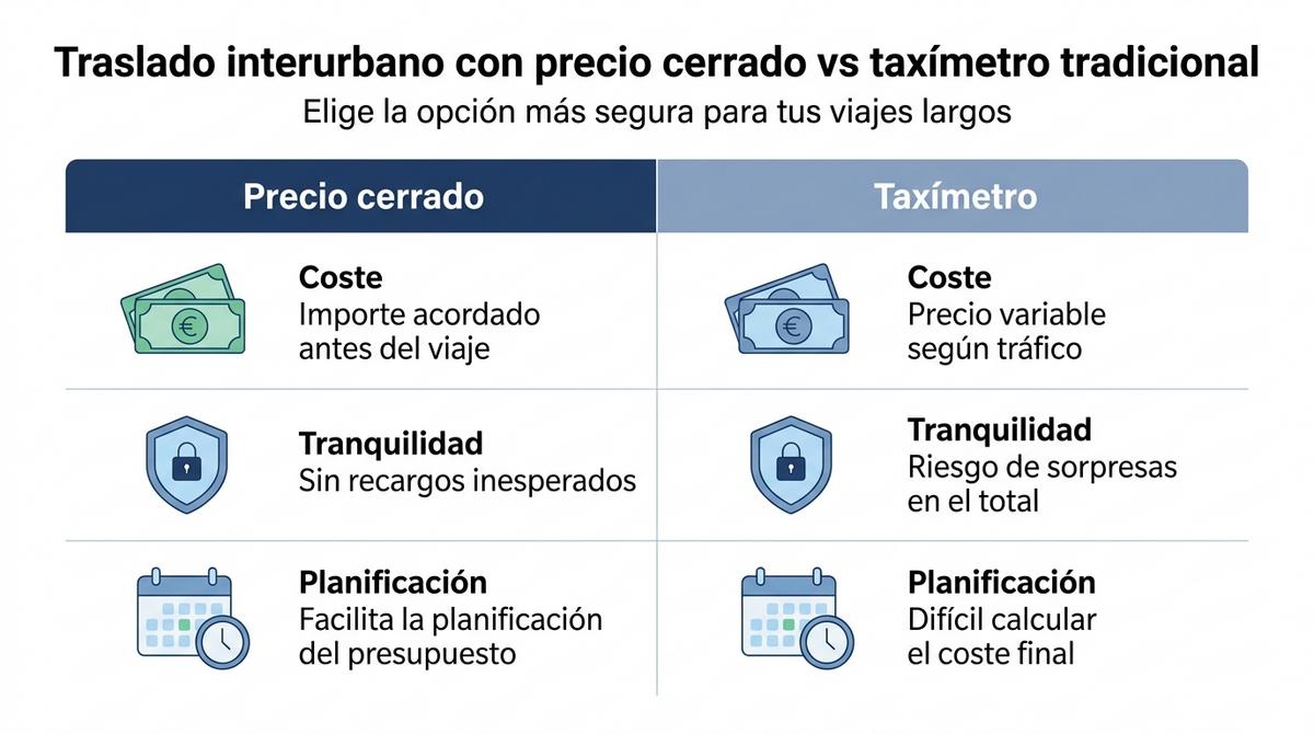 Infografía que compara los traslados interurbanos con precio cerrado frente a los taxis con taxímetro