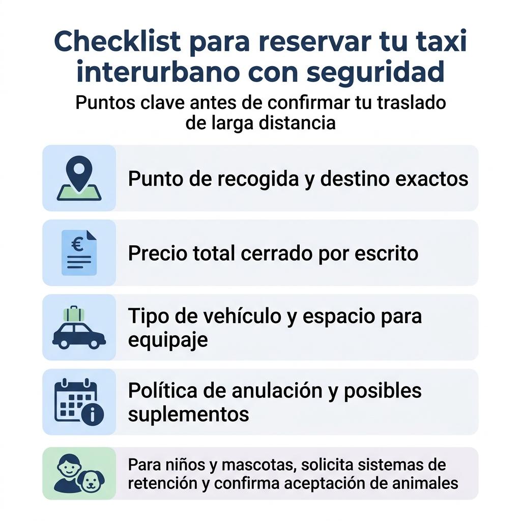 Infografía tipo checklist con los puntos clave para reservar un taxi interurbano con seguridad