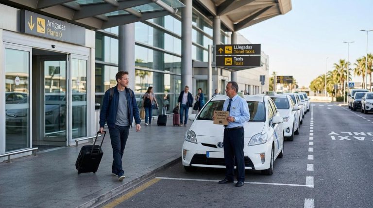 Pasajero Con Maleta Saliendo De La Terminal 3 Del Aeropuerto De Malaga Hacia La Zona De Encuentro Con Taxis Reservados