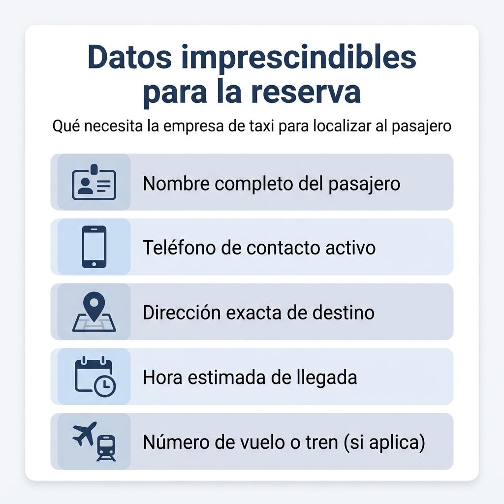 Checklist visual con los datos mínimos necesarios para reservar un taxi para otra persona.