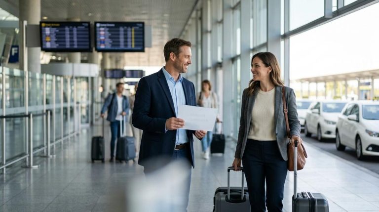Conductor De Taxi En El Aeropuerto De Malaga Recibiendo A Una Pasajera Con Un Cartel Identificativo En La Zona De Llegadas
