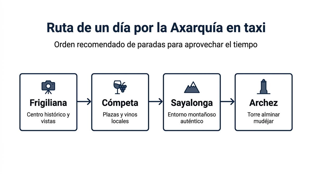 Diagrama de la ruta recomendada en taxi por la Axarquía con paradas en Frigiliana, Cómpeta, Sayalonga y Archez.