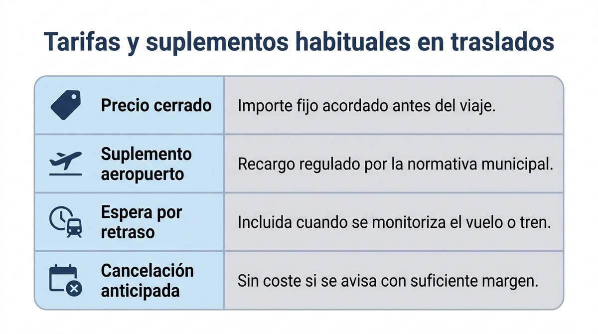 Diagrama que resume precio cerrado, suplemento de aeropuerto, tiempo de espera por retraso y cancelación anticipada en traslados en taxi.