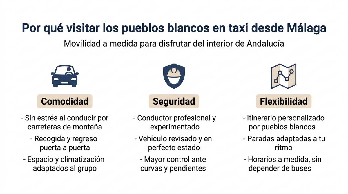 Infografía con los beneficios de visitar los pueblos blancos en taxi desde Málaga en términos de comodidad, seguridad y flexibilidad.