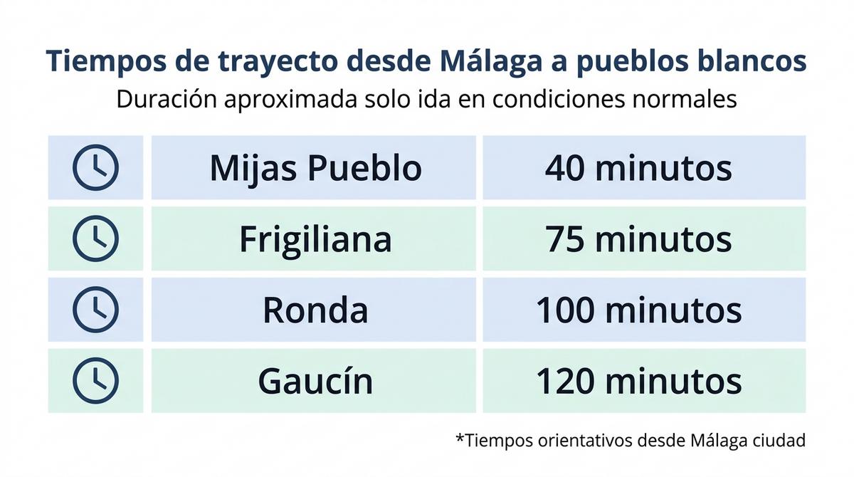 Infografía con los tiempos de trayecto en coche desde Málaga a Mijas Pueblo, Frigiliana, Ronda y Gaucín.