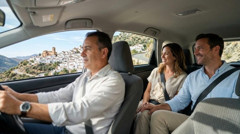 Pareja Viajando Relajada En Un Taxi Por Carretera De Montana Con Un Pueblo Blanco Andaluz De Fondo
