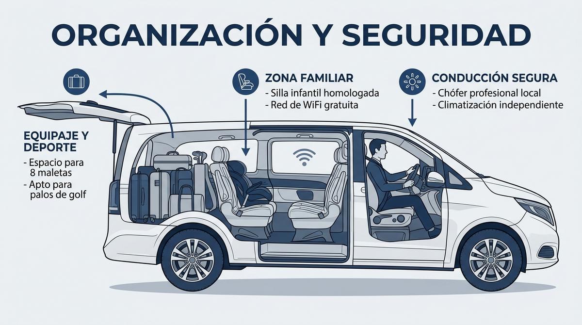 Ilustración del corte transversal de una minivan de traslado privado a Estepona, mostrando la colocación del equipaje, las bolsas de golf y la seguridad de la silla infantil.