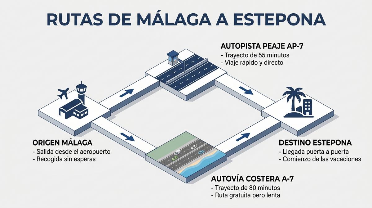 Diagrama isométrico en 3D que compara los tiempos de viaje y rutas entre la autopista AP-7 y la autovía costera A-7 desde Málaga hasta Estepona.