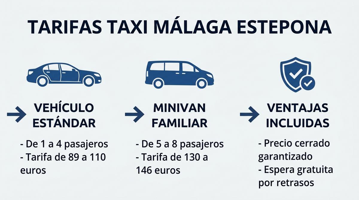 Infografía de tarifas de taxi de Málaga a Estepona detallando precios por tipo de vehículo estándar o minivan y ventajas de tarifa pactada.