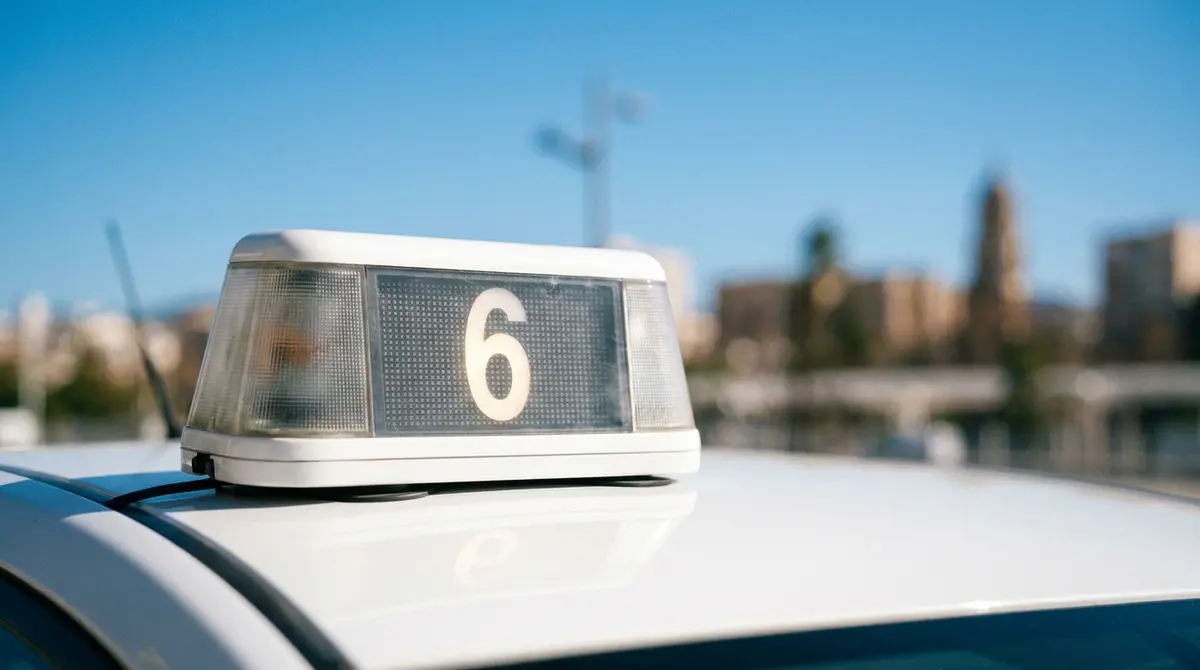 Primer plano de la capilla de un taxi oficial de Málaga con el número 6 encendido para trayectos de precio cerrado.