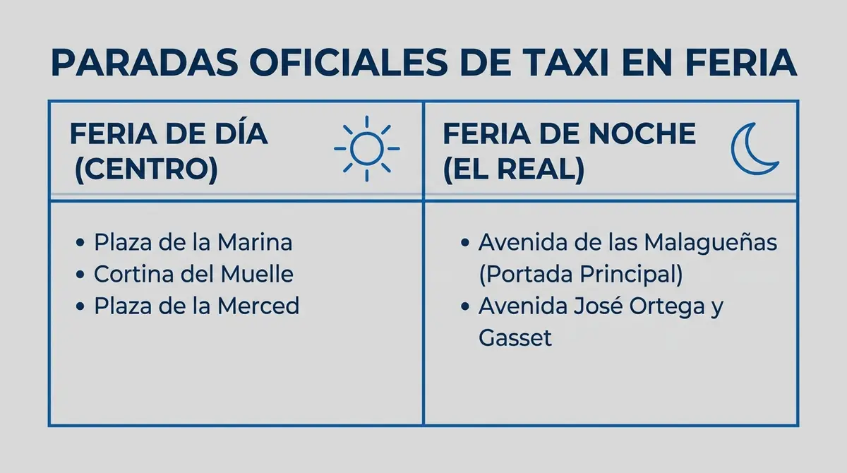 Infografía de las paradas oficiales de taxi para la Feria de Málaga, organizadas por Feria de Día y Feria de Noche.
