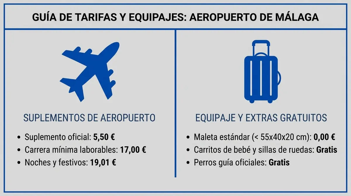 Infografía sobre las tarifas oficiales del aeropuerto de Málaga y la gratuidad del equipaje estándar en el taxi.