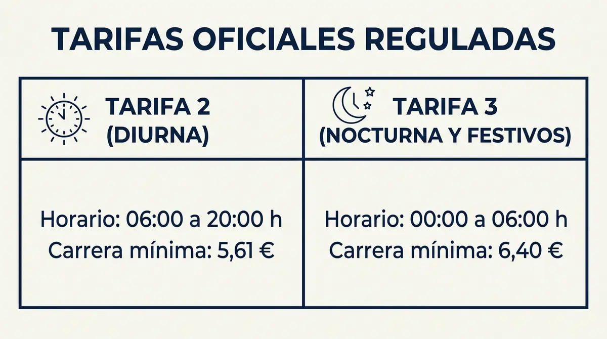 Tabla comparativa de las tarifas oficiales reguladas de taxi diurnas y nocturnas durante la Feria de Málaga.