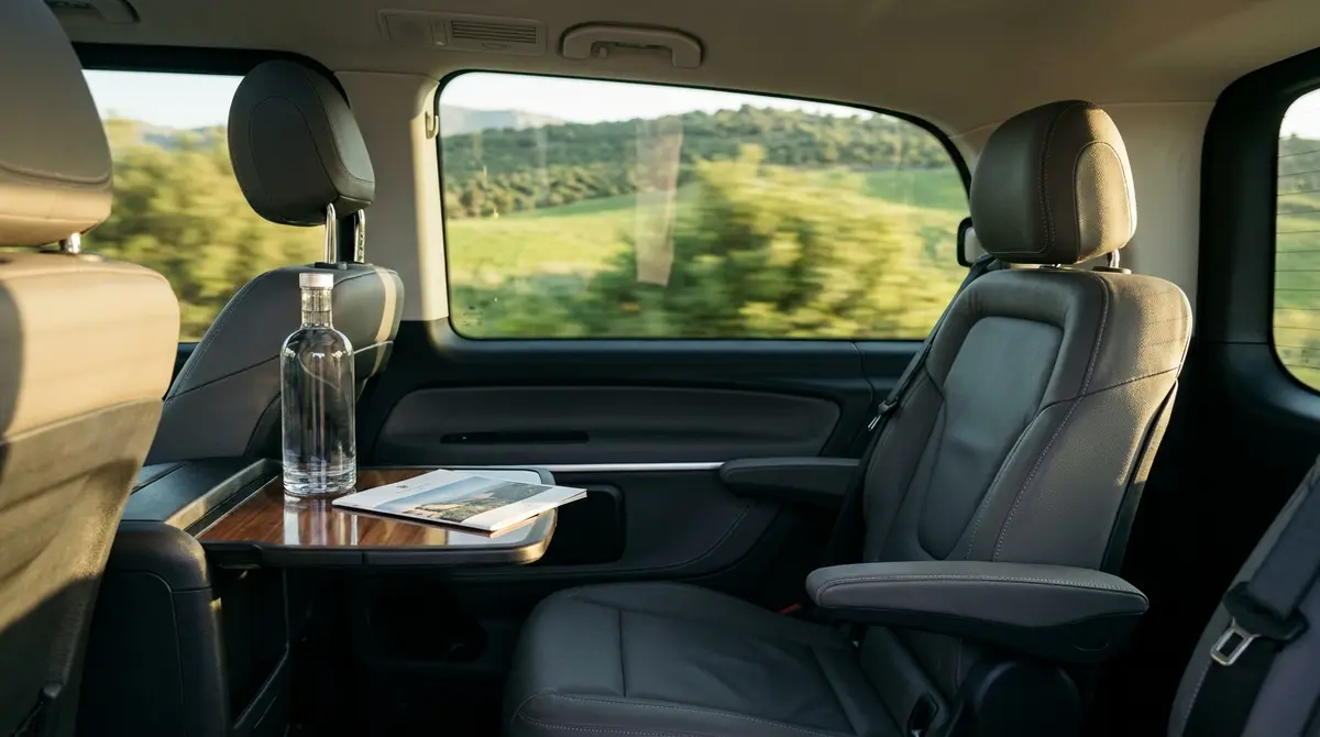 Interior espacioso de una minivan premium con detalles de confort durante un traslado privado.