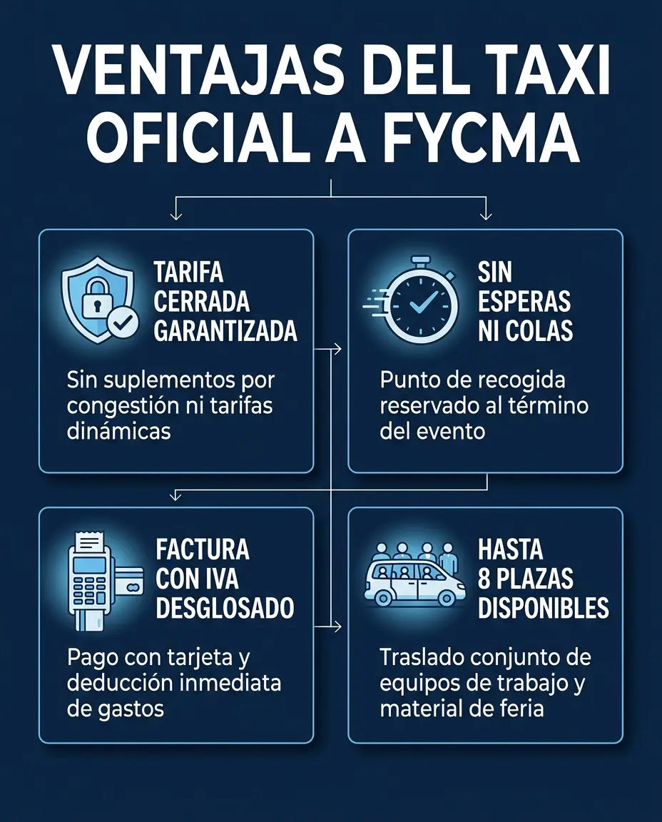 Infografía de ventajas del servicio de taxi con reserva previa para congresos y eventos profesionales en FYCMA Málaga